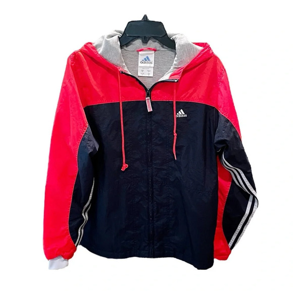 adidas Other - Adidas men’s full zip hooded lined windbreaker jacket w/ pockets SZ M navy red